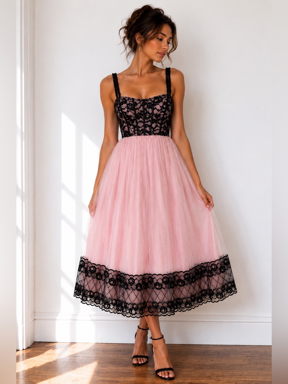 Vintage Jessica McClintock II Pink Black Lace Corset Tea Length Formal Dress 7